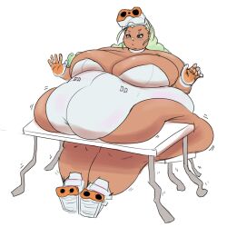 bbw belly_on_table big_belly big_breasts bludkus bodysuit chair_breaking choker collar feet_together green_hair gunsmith_bitch_(psg) gyaru headwear huge_belly legs long_hair looking_at_self monochrome_background obese_female open_hand open_hands overweight overweight_female pantless panty_&_stocking_with_garterbelt puffy_hair round_face shoes shoulders simple_background table tagme tan_body weight_gain white_background white_clothing