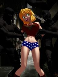 alley alleyway arm_grab blonde_hair busty cosplay costume criminal curvy danger faux_action_girl green_eyes holding_arm holding_arms knife lordcoyote male masked_male multiple_boys multiple_males peril remake restrained scared tank_top undies wonder_woman_(cosplay) worried you_gonna_get_raped