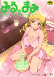 barefoot bath bathtub blonde_hair blush bottomless breasts bubble bubbles bucket cup drill_hair erect_nipples feet female female_only hair_ornament highres human isako_rokurou large_breasts long_hair looking_at_viewer mahou_shoujo_madoka_magica navel nipples sitting smile solo sweat toes tomoe_mami yellow_eyes