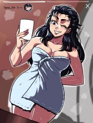1girls after_shower asian_female black_eyes black_hair cleavage female hourglass_figure instagram_story mirror_reflection mirror_selfie painted_nails reiko_(tinafate) selfie shower steam the_dragon_tamer thick_thighs tinafate1 towel towel_only towel_wrap wet_body wet_hair wink