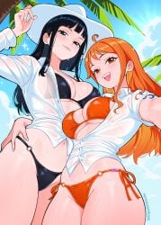 2girls :d absurdres arm_tattoo bikini bikini_bottom black-haired_female black_bikini black_hair blue_eyes blue_sky blue_tattoo breasts cloud commentary day elpipe3000 elpipe_3000 english_commentary female female_only hat highres large_breasts long_hair multiple_females multiple_girls nami_(one_piece) navel nico_robin one_piece open_mouth orange-haired_female orange_bikini orange_eyes orange_hair outdoors palm_tree patreon_username see-through_clothes see-through_shirt shirt shoulder_tattoo side-tie_bikini_bottom sky smile solo swimsuit tattoo tree white_hat white_shirt