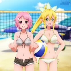 2girls alluring beach beachball big_breasts bikini blonde_hair cleavage green_eyes holding_beachball leafa lisbeth magenta_eyes pink_hair shorts shugo19 sword_art_online volleyball_net