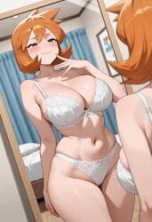 :3 ai_generated alternative_bust_size arm_behind_back bangs bare_arms bare_shoulders bed bedroom blush bow bow_bra bow_panties bow_underwear bra breasts cameltoe clavicle cleavage closed_mouth clothing curtains curvaceous female female female_only green_eyes half-closed_eyes hand_up highleg indoors kasumi_(pokemon) kasumi_(pokemon) lace lace-trimmed_bra lace-trimmed_panties lace_trim large_breasts legs lingerie looking_at_mirror medium_breasts mirror misty_(pokemon_hgss) navel on_bed orange_hair pantsu pokemon reflection shiny_skin short_hair sitting skindentation smile smug solo standing stomach thick_thighs thighs underwear underwear_only white_bra white_panties white_underwear window