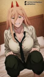 ai_generated alternate_breast_size black_necktie black_pants blonde_hair blush breasts button_gap chainsaw_man cleavage collarbone collared_shirt cross-shaped_pupils demon_horns female grin hair_between_eyes horns indoors large_breasts long_hair long_sleeves looking_at_viewer loose_necktie mykibuu necktie on_bed pants partially_unbuttoned pillow power_(chainsaw_man) red_horns sharp_teeth shirt smile solo squatting sweat symbol-shaped_pupils teeth white_shirt yellow_eyes