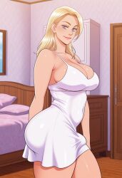1futa 2d_(artwork) ai_generated anasheya_(style) bare_shoulders bed bedroom blonde_futa blonde_hair blondshell blue_eyes breasts cleavage closed_mouth clothed covered_navel door dress futa_only futanari human large_breasts light-skinned_futa light_skin long_hair sexy_attire sexy_clothing short_dress side_view sleeveless sleeveless_dress solo thick_thighs white_dress
