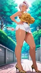 ai_generated akaza_chacha belt blue_eyes boosterred99 dark-skinned_female female from_below full_body fully_clothed grey_hair huge_breasts illustrious_(stable_diffusion) legs leopard_print looking_at_viewer maken-ki! outdoors park pencil_skirt pony_diffusion_xl ponytail seductive_smile short_hair skirt sleeveless standing street sweater turtleneck turtleneck_sweater visible_penis white_shirt