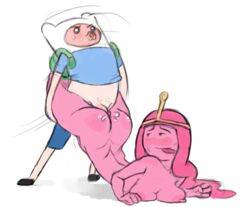 adventure_time ass backpack bag blonde_hair blush breasts chombie clothed_male_nude_female cum female finn_the_human fucked_silly huge_ass human long_hair male nipples pale_skin pink_hair pink_skin princess_bubblegum short_sleeves simple_background sweat thick_thighs