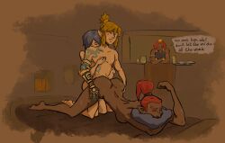 1boy 2girls blonde_hair breath_of_the_wild dark-skinned_female dark_skin female gerudo jules_(breath_of_the_wild) light-skinned_female light-skinned_male light_skin link link_(tears_of_the_kingdom) male nintendo npc rikkusedo tears_of_the_kingdom