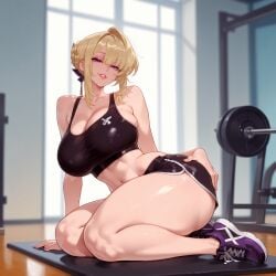 1girls abs ai_generated arm_support ass balecxi bangs bare_arms bare_shoulders black_clothes black_shorts black_sports_bra blonde_hair blush bra braid breasts clavicle cleavage clothing crop_top curvaceous curvaceous_female curvaceous_figure curvy curvy_figure dolphin_shorts evelyn_chevalier female female female_focus female_only footwear french_braid gym gym_clothes gym_uniform hair_bun hair_intakes hair_ornament hair_ribbon hand_on_own_ass indoors inviting inviting_to_sex large_breasts legs lips looking_at_viewer makeup midriff navel on_floor parted_lips ponytail presenting presenting_ass presenting_breasts presenting_hindquarters presenting_self purple_eyes purple_footwear ribbon seductive seductive_look seductive_smile shirt shoes short_shorts shorts sidelocks sitting smile sneakers solo sports_bra stomach tank_top thick_thighs thighs underwear voluptuous voluptuous_female window wooden_floor zenless_zone_zero