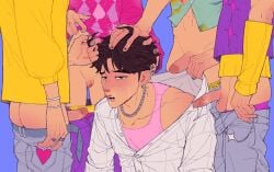 abby_(kpop_demon_hunters) baby_(kpop_demon_hunters) blush gay jinu_(kpop_demon_hunters) kpop_demon_hunters male male_focus male_only mystery_(kpop_demon_hunters) romance_(kpop_demon_hunters) surrounded_by_penises yaoi
