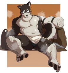 1boy dog_penis dungeon_meshi furry kobold kuro_(dungeon_meshi) male_only sauna slightly_chubby slightly_chubby_male solo solo_male towel_only