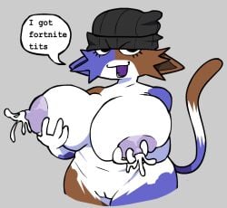 anthro areola beanie_only big_areola big_breasts bodily_fluids breast_grab breasts calico_cat countershading domestic_cat english_text epic_games felid feline felis female female_anthro fortnite genitals hand_on_breast holding_breast lactating looking_at_viewer loudnormal4 mammal meow_skulls nipples nude nude_anthro nude_female open_mouth solo speech_bubble tail text vulva