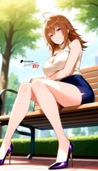 ahoge ai_generated bare_shoulders beige_open-chest_sweater beige_ribbed_sweater beige_sweater boosterred99 brown_hair cleavage cleavage_cutout clothing_cutout covered_nipples dark_blue_skirt from_below full_body hair_between_eyes heels high_heels high_school_dxd illustrious_(stable_diffusion) large_breasts legs medium_hair meme_attire naughty_face outdoors pencil_skirt pony_diffusion_xl purple_eyes reach sitting sleeveless street thighs turtleneck venelana_gremory