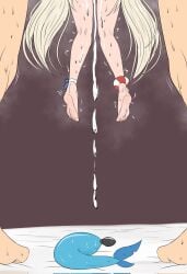 1boy blonde_hair butt_plug cum feet female foot_focus fuzzlogik highres indie_virtual_youtuber long_hair motion_lines sameko_saba sex_toy simple_background trembling virtual_youtuber