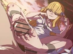 1boy 1girls :/ bar_censor barefoot blonde_hair censored cloud commentary cum dusk dutch_angle elf erection feet female flexible_toes flower foot_focus footjob funen_gomi funen_gomi_m gold_anklet highres holding holding_flower holding_with_feet jewelry long_hair long_pointy_ears looking_to_the_side male outdoors penis png pointy_ears pov pov_crotch robe semen serie_(sousou_no_frieren) sitting smug smug_face sousou_no_frieren toes tree veins veiny_penis white_robe yellow_eyes