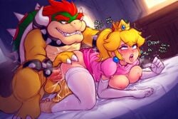 1boy 1girls ai_generated all_fours anthro anthro_on_human armwear balls bed bedroom blonde_hair blue_eyes bowser breasts breasts_out clothing crown doggy_style dress duo ear_piercing female genitals horns human human_on_anthro indoors interspecies koopa legwear light-skinned_female light_skin long_hair male male/female mammal mario_(series) mature mature_female mature_male nintendo nipples open_mouth penetration penis penis_in_pussy pink_dress princess princess_peach red_hair reptile royalty sex shell spiked_shell spikes straight straight_sex tail testicles white_armwear white_legwear