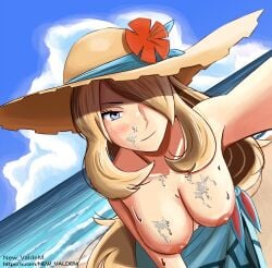 beach blonde_hair cum_on_breasts cum_on_face cynthia_(pokemon) long_hair nintendo pokegirl pokemon
