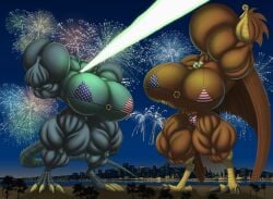 2girls 4th_of_july abs american_flag_bikini biceps big_breasts big_muscles bikini bird breasts eagle female godzilla huge_breasts huge_muscles joakimthefzl kaiju large_breasts large_muscles muscles muscular muscular_arms muscular_female muscular_legs muscular_thighs pecs reptile tail