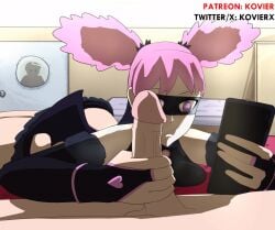 1boy 1girls 2025 2d animated animated background big_breasts big_penis bored breasts_press costume distracted gloves handjob haneyama_kazuho kovier laying_down laying_on_bed mask patreon patreon_username phone pink_hair pop_step twitter twitter_username vigilante:_my_hero_academia_illegals watermark