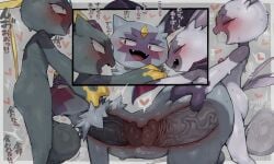 5:3 anal anal_sex anthro balls biped blush deep_penetration dialogue erection fangs gay gay_male generation_8_pokemon genitals group heart_symbol hi_res hisuian_sneasel hyper male male/male meeting_in_the_middle nintendo open_mouth open_smile oral oral_penetration penetration penile penile_penetration penis pokemon pokemon_(species) sex shiny_pokemon smile sneasel sneasler spitroast syuro teeth text tongue tongue_out touching_tips trio yaoi