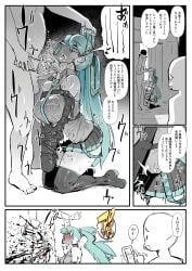 2boys absurdres aqua_hair aqua_necktie armbinder balls barefoot blood bondage boots bound breasts breasts_squeezed_together cellphone clothed_female_nude_male commentary erection female full_body grabbing_another's_hair greyscale guro hatsune_miku highres indoors kneeling large_breasts looking_at_another male mask monochrome mouth_mask multiple_boys necktie nude penis phone pleated_skirt respirator sashizume_soutarou skindentation skirt smartphone speech_bubble spot_color standing sweat testicles thigh_boots translated twintails vocaloid