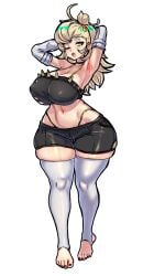 absurdres alternate_breast_size armpits arms_behind_head black_choker black_shirt black_shorts blonde_hair blush breasts choker cleavage covered_erect_nipples crop_top detached_sleeves female full_body green_eyes hair_bun hair_ornament highres large_breasts long_hair midriff mold_(pixiv6616319) nail_polish navel one_eye_closed open_mouth piper_wheel red_nails red_toenails shirt shorts simple_background single_hair_bun sleepy solo standing sweat thick_thighs thighhighs thighs toenail_polish torn_clothes white_background white_sleeves white_thighhighs wide_sleeves yawning zenless_zone_zero