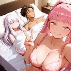 1boy 2girls after_sex ai_generated bare_shoulders bed bed_sheet bedroom blanket blunt_bangs blush bra braid breasts brown_hair claude_von_riegan cleavage closed_eyes closed_mouth collarbone dark-skinned_male dark_skin desk_lamp female fire_emblem head_on_pillow hilda_valentine_goneril indoors lamp large_breasts long_hair looking_at_viewer lying lysithea_von_ordelia male multiple_girls navel nude on_back on_bed panties pillow pink_bra pink_eyes pink_hair pink_panties selfie short_hair sidelocks sleeping smile straight twintails under_covers underwear underwear_only v white_hair