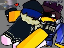 2boys blocky_body blue_hair blush_lines bottomless brown_hair cape cloak eyes_covered forsaken_(roblox) gay grey_background guest_1337_(forsaken) hat male_only meme_in_the_background military_hat military_uniform one_eye_covered one_leg_up pilot_hat roblox scar_on_face shedletsky shedletsky_(forsaken) sukyung5559 watermark white_skin yellow_skin