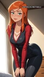 ai_generated artist_name ass bed bedroom ben_10 bikini_tan black_pants black_vest blush breasts cleavage closed_mouth collarbone collared_shirt female freckles green_eyes gwen_tennyson gwen_tennyson_(classic) hands_on_own_thighs indoors large_breasts leaning_forward lips long_hair long_sleeves looking_at_viewer medium_breasts meitabuu orange_hair pants patreon_username red_shirt shirt smile solo sweat swept_bangs tan tanlines thigh_gap tight_clothes tight_pants vest window