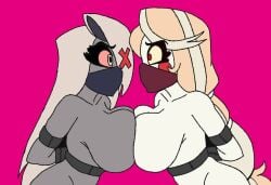 2girls angel angel_girl arms_behind_back big_breasts blonde_hair breasts breasts_pressed_against_each_other charlie_morningstar charlie_morningstar_(hazbin_hotel) damsel_in_distress demon demon_girl demoness eye_contact female gag gagged grey_body grey_skin hair hazbin_hotel hellaverse jackattack1324 long_hair naked nude silver_hair tied_up vaggie vaggie_(hazbin_hotel) white_body white_skin