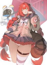 :o absurdres bangboo_(zenless_zone_zero) black_choker black_sailor_collar black_skirt bow bowtie braid cardigan chest_bow choker crunchy_(namtaehyeon1234) female green_eyes highres huge_thighs long_hair looking_at_viewer panties pink_cardigan red_hair red_umbrella sailor_collar school_uniform skirt thick_thighs thigh_strap thighhighs twin_braids twintails ukinami_yuzuha umbrella underwear white_bow white_bowtie white_panties wide_hips zenless_zone_zero zettai_ryouiki