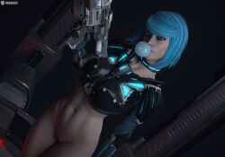 3d big_breasts blue_hair bubble_gum female gun human looking_at_viewer missally no_panties nyx_(quake_champions) quake quake_champions video_games
