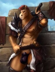 anthro armor balls black_balls black_penis brown_eyes brown_nipples equid equine foreskin front_view genitals hi_res horse looking_at_viewer male male_anthro mammal markings mouth_closed muscular muscular_anthro muscular_male navel nipples orange_body penis portrait red_markings satanic_monkey solo standing three-quarter_portrait