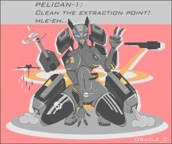 5_fingers aeromorph armor armored_female big_breasts black_body blue_eyes dark_skin explosion female grey_body gun helldivers_2 looking_at_viewer oracle_dominus pelican_1_(helldivers) pose red_background sexbot sitting squatting tagme tongue_out vehicle