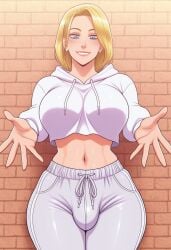 1futa 2d ai_generated anasheya_(style) blonde_futa blonde_hair blondshell blue_eyes breasts brick_wall cowboy_shot crop_top cropped_hoodie drawstring erection erection_under_clothes futa_only futanari grey_sweatpants grin hood hoodie large_breasts light-skinned_futa light_skin lips looking_at_viewer medium_hair midriff navel outstretched_arms smile smiling_at_viewer solo sweatpants thick_thighs white_hoodie white_pants white_sweatpants wide_hips