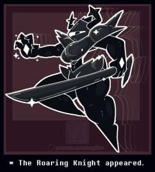 ambiguous_gender anthro antlers armor ass big_butt clothing deer deltarune digital_media_(artwork) english_text female holding_object holding_weapon horn humanoid looking_at_viewer mammal melee_weapon nagifur pixel_(artwork) roaring_knight shadow_creature simple_background solo sword text the_roaring_knight thick_thighs topwear undertale_(series) weapon wide_hips