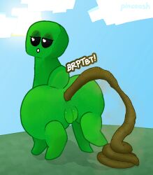 anus ass bedroom_eyes big_butt black_eyes blue_sky cloud creeper_(minecraft) digital_media_(artwork) eyelashes eyeshadow fart feces feces_pile female female_pooping feral green_body hi_res hiked_leg looking_at_viewer looking_back makeup microsoft minecraft mojang narrowed_eyes outside pincoosh pooping_on_floor pooping_on_grass presenting presenting_hindquarters pussy quadruped raised_leg rear_view scat scatplay seductive signature sky smelly solo sound_effects sun tail vowelless vowelless_sound_effect vulva xbox_game_studios