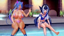 2girls 3d ahoge all_the_way_through alternate_breast_size animal_ears areola_slip arm_tattoo artist_name bare_shoulders barefoot belt_collar bikini bikini_under_clothes black_hair blue_bikini blue_collar blue_eyes blue_hair blue_nails blue_skirt blunt_bangs blush body_markings breast_tattoo breasts cat_ears catgirl cetacean_tail chest_tattoo choker cleavage closed_mouth collar collarbone comic covered_nipples criss-cross_halter cum_in_pussy cum_through cumflated_belly cumflation curvy dark-skinned_female dark_skin english_text facial_mark facial_tattoo feet fins fish_tail flower foot_out_of_frame hair_over_one_eye halterneck head_fins heart heart_ahoge highleg highleg_bikini huge_breasts hyper_penis jewelry koikatsu large_breasts leg_tattoo legs long_hair looking_at_another looking_at_viewer micro_bikini midriff multicolored_hair multiple_girls nail_polish navel off_shoulder one_eye_covered open_mouth pink_bikini pink_nails pleated_skirt pointing ponytail pool poolside pubic_tattoo purple_eyes purple_hair rosie_(vtuber) sailor_collar school_uniform see-through see-through_shirt serafuku shirt short_sleeves shylily sidelocks sitting skindentation skirt smile soles streaked_hair striped_bikini striped_clothes swimsuit tagme tail tan tattoo teeth thigh_strap thighs toenail_polish toenails toes tongue twintails twitter_username two-tone_hair underboob very_long_hair virtual_youtuber virusb90 water white_hair white_shirt womb_tattoo yellow_eyes