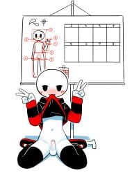 1boy :3 blush blush femboy gay hoodie imminent_bukkake kneeling male_only monochromatic_skin naked_hoodie naked_thighhighs peace_sign penis scoreboard stickman thighhighs tosx