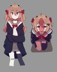 bandaid bow bows brown_hair choker evil_neuro female hair_ornament hair_ribbon heart horns indie_virtual_youtuber light-skinned_female light_skin otjareniy penis_awe penis_shadow red_eyes skirt skull_hair_ornament virtual_youtuber vtuber
