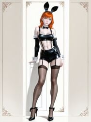 1girls abs ai_generated belly belly_button black_legwear bowtie bunny_ear bunny_ears bunny_girl bunnygirl cleavage collar crop_top detached_sleeves earrings female female_focus female_only full_body garter_belt ginger green_eyes heels high_heels jean_grey latex_clothing latex_pants leather leather_pants marvel marvel_comics medium_breasts muscle_tone muscles navel pale_skin protocat red_hair rogue-like:evolution_(game) shorts simple_background skirt solo solo_female standing stockings suspenders toned toned_female wrist_cuffs x-men x-men_evolution