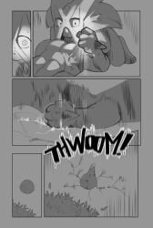 anthro ass biped bodily_fluids duo exclamation_point fingers flesh_fang fur generation_4_pokemon generation_9_pokemon grass hi_res lucario lying male male/male meowscarada monochrome mouth_closed nintendo nude_anthro nude_male on_front on_ground plant pokemon pokemon_(species) pupils samu_(sincastermon) sincastermon slit_pupils solo sound_effects sweat vine_(sincastermon)