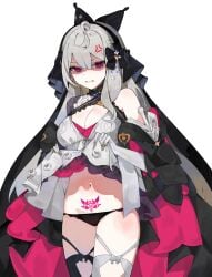 1girls anger_vein angry angry_face bare_shoulder bare_thighs belly_button big_breasts black_panties cleavage exposed_shoulder gray_hair grey_hair hi_res highres legwear lifting_dress lifting_own_clothes looking_at_viewer medium_breasts navel nijisanji nijisanji_en pubic_tattoo red_eyes reimu_endou showing_off showing_panties solo solo_female solo_focus thighhighs thighs tummy virtual_youtuber wems