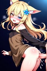 ai_generated anal anal_sex anime anime_style brown_eyes cat_ears cum cum_in_pussy cum_inside femboy femboy_on_male fox_ears furry_male grey_eyes kikimk male male/male trap twitch vtuber yellow_hair