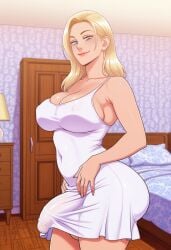 1futa 2d ai_generated anasheya_(style) bare_shoulders bed bedroom blonde_futa blonde_hair blondshell blue_eyes bubble_butt bulge closed_mouth collarbone covered_navel cowboy_shot door dress erection erection_under_clothes futa_only futanari human human_only indoors large_penis long_hair looking_at_viewer mature_futa motherly_figure penis side_view sleeveless sleeveless_dress smile smiling smiling_at_viewer solo standing sundress thick_thighs white_dress wooden_floor