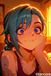 (titancore) ai_generated arcane_jinx blue_eyes blue_hair girl happy holding_cheek jinx_(league_of_legends) league_of_legends love single_girl small_breasts tattoo tattoos video_game_character