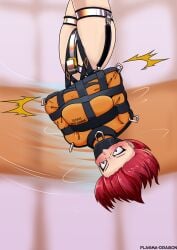 1girls ashley_(plasma-dragon) bondage bound chastity_belt chastity_device female female_chastity female_only femsub gag gagged plasma-dragon red_hair straitjacket thigh_cuffs