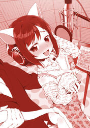 1girls :d animal_ears anus blush bottomless cat_ears cat_tail collarbone cute_fang headphones heart heart_necklace idolmaster idolmaster_cinderella_girls looking_at_viewer maekawa_miku microphone monochrome open_mouth penis red sex smile tail tail_grab u_(the_unko) vaginal_penetration