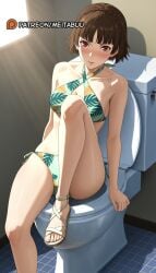 ai_generated atlus bare_arms bare_legs bare_shoulders bathroom bikini blunt_bangs blush braid breasts brown_hair cleavage closed_mouth clothing_cutout collarbone criss-cross_halter crown_braid feet female floral_print foot_out_of_frame green_bikini halterneck indoors knee_up leaning_back legs light_rays lips looking_at_viewer makoto_niijima medium_breasts meitabuu niijima_makoto parted_lips persona persona_5 print_bikini red_eyes sandals short_hair side-tie_bikini_bottom sitting solo sunlight swimsuit thighs tile_floor tile_wall tiles toeless_footwear toenail_polish toenails toes toilet toilet_paper white_footwear window