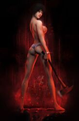 3d action_pose ass axe big_breasts clothing covering covering_breasts dreadout dreadout_2 female female_protagonist human linda_meilinda looking_back pale_skin skstalker topless video_games weapon